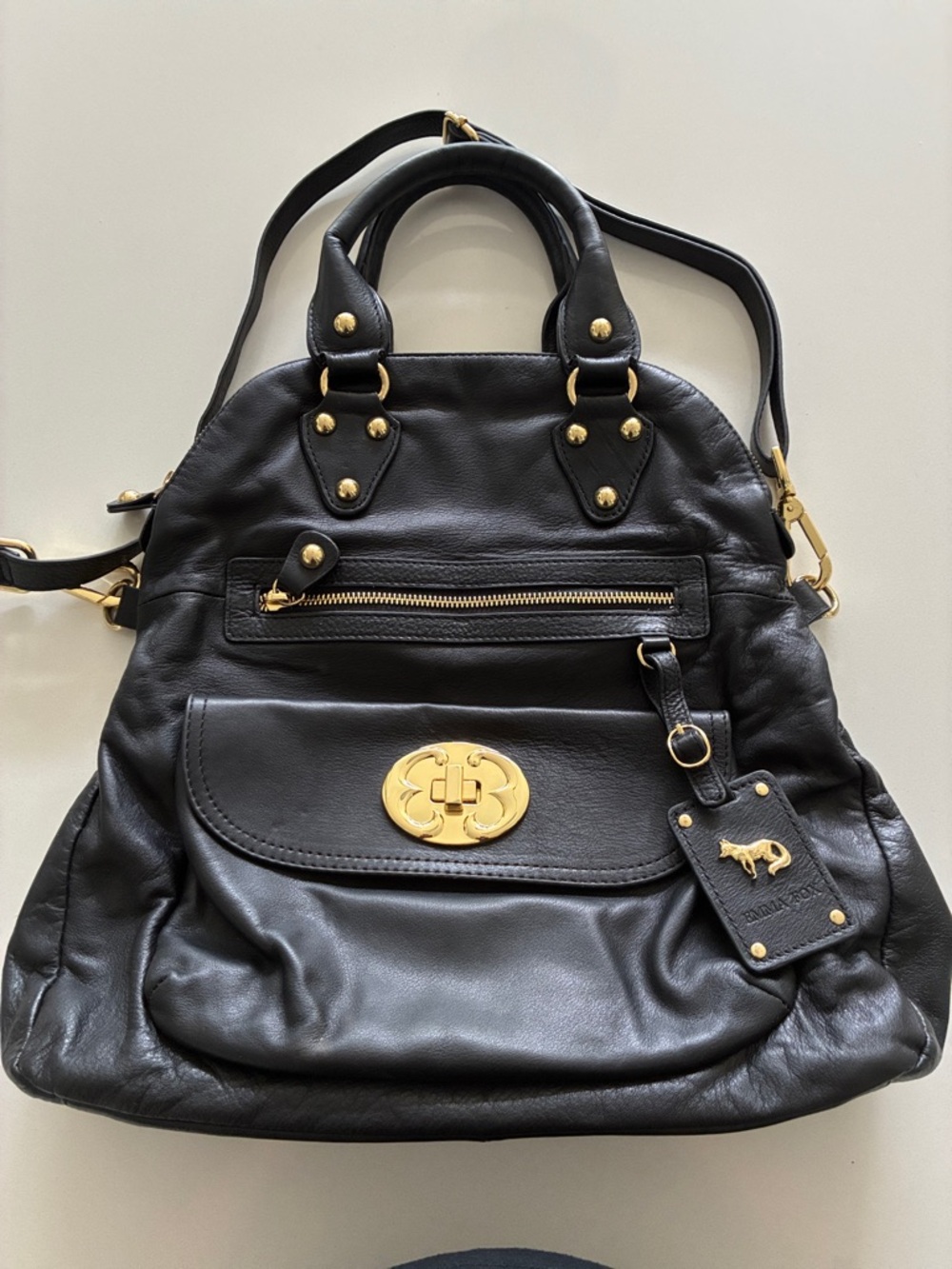 Emma Fox Black Leather Shoulder Bag with Gold Hardware